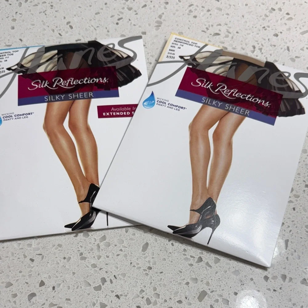 Hanes‎ NEW Silk Reflections Sheer Hosiery 1 black 1 Nude SZ AB control top
